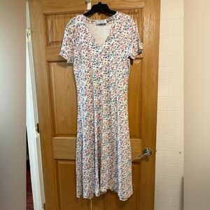 Vtg Lauren Brooke Floral Maxi Dress V-Neck Short Sleeve Womens XL Full Button Up